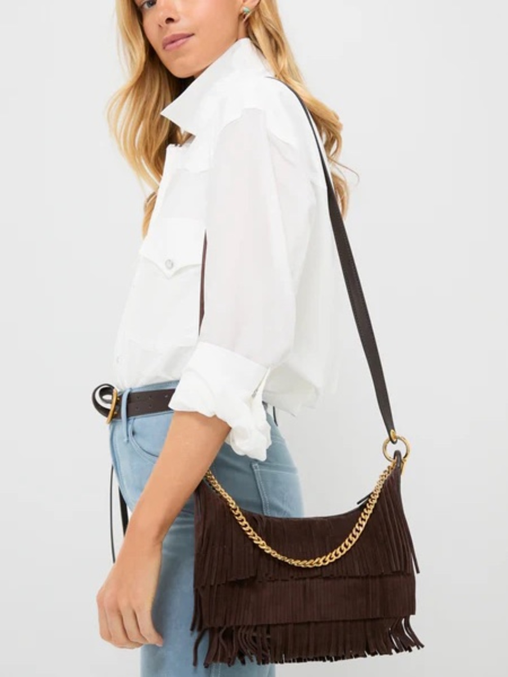 Veronica Beard Fortune bag : Fringe Suede Crossbody Bag with Gold Chain - Picture 5 of 5